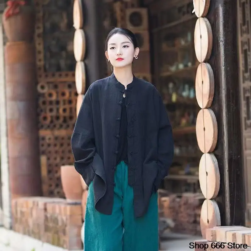 Terno Tang tradicional chinês feminino, chá zen de linho, cardigã hanfu para senhoras, tops de Tai Chi Kung Fu, roupas femininas de algodão vintage, 2024