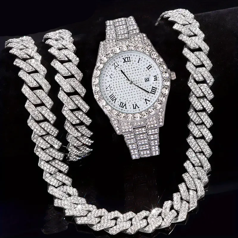 3 teile/satz Halskette + Armband + Uhr kubanische Ketten uhr für Männer Hip Hop Miami Bordstein vereist gepflasterten Strass Rapper kubanischen Männer Schmuck