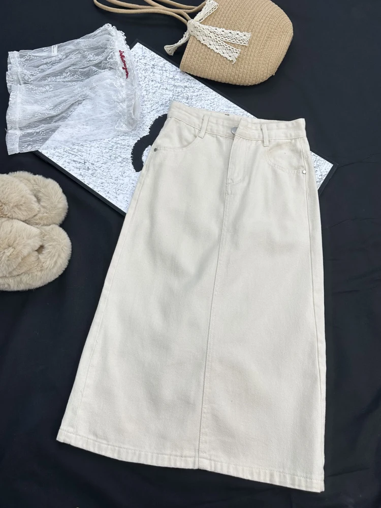 

Ele Beige High Waist Slit Denim Midi Skirt Women's 2025 New Sle Versatile Mid-Length A-Line Skirt Korean Sle