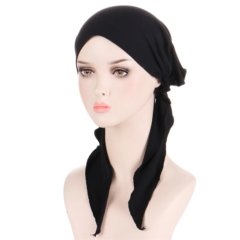 Solid Color Hijab Long Tail Turbans Casual Elastic Head Wraps Ramadan Beanies Hats Elastic Chemo Cap For Women