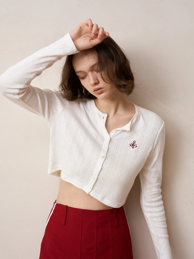 

White Embroidered Hollow out ort Sve Long irt Cardigan Women's Spring Cotton Knitted Loose Fit Sle Commute Faion