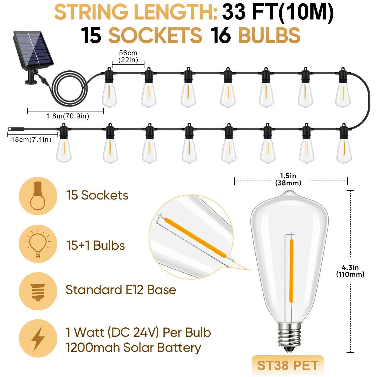 Grensk Led ST38 Lichterketten Outdoor Girlande Solar Licht Wasserdicht Bruchsicher Fernbedienung USB Ladegerät Hof Solar Straße Lichterketten 3