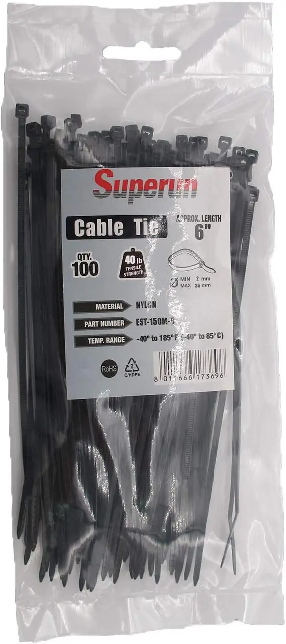

Black Zip Ties 6 Inch, 40 lbs Tensile Strength Wire Ties for Indoor Outdoor Use, Pack of 100