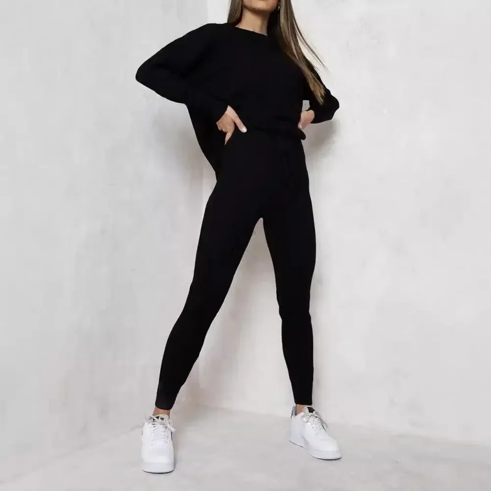 Spodnie damskie z elastyczną talią i dzianinowym topem z okrągłym dekoltem i długimi rękawami Elastyczna talia Plus Size do codziennego użytku