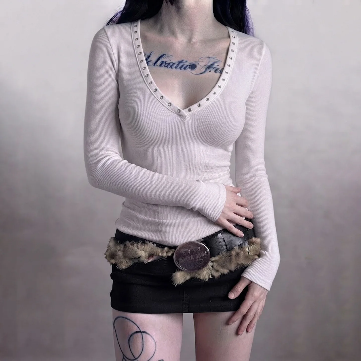 Women Ribbed V Neck Long Sleeve T-shirt Snap Button Decor Slim Fit Solid Color Casual Daily Streetwear Tops