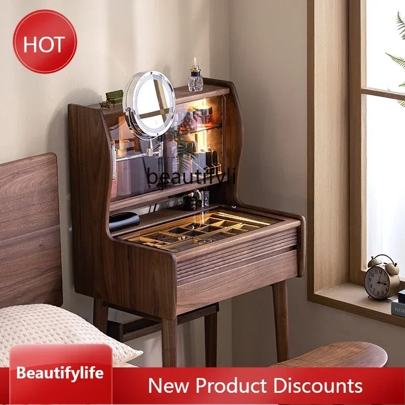 Q181  Solid Wood Makeup Table Black Walnut Retro Bedroom Desk Bedside Makeup Table Vintage Style