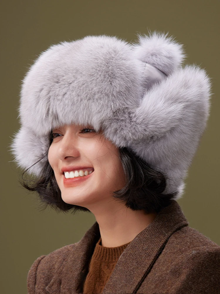 [LANMREM] Elegant Fox Fur Design Hat For Women Contrast Color Thick Warm Outdoor Casual Versatile Luxury Hats 2024 Winter New