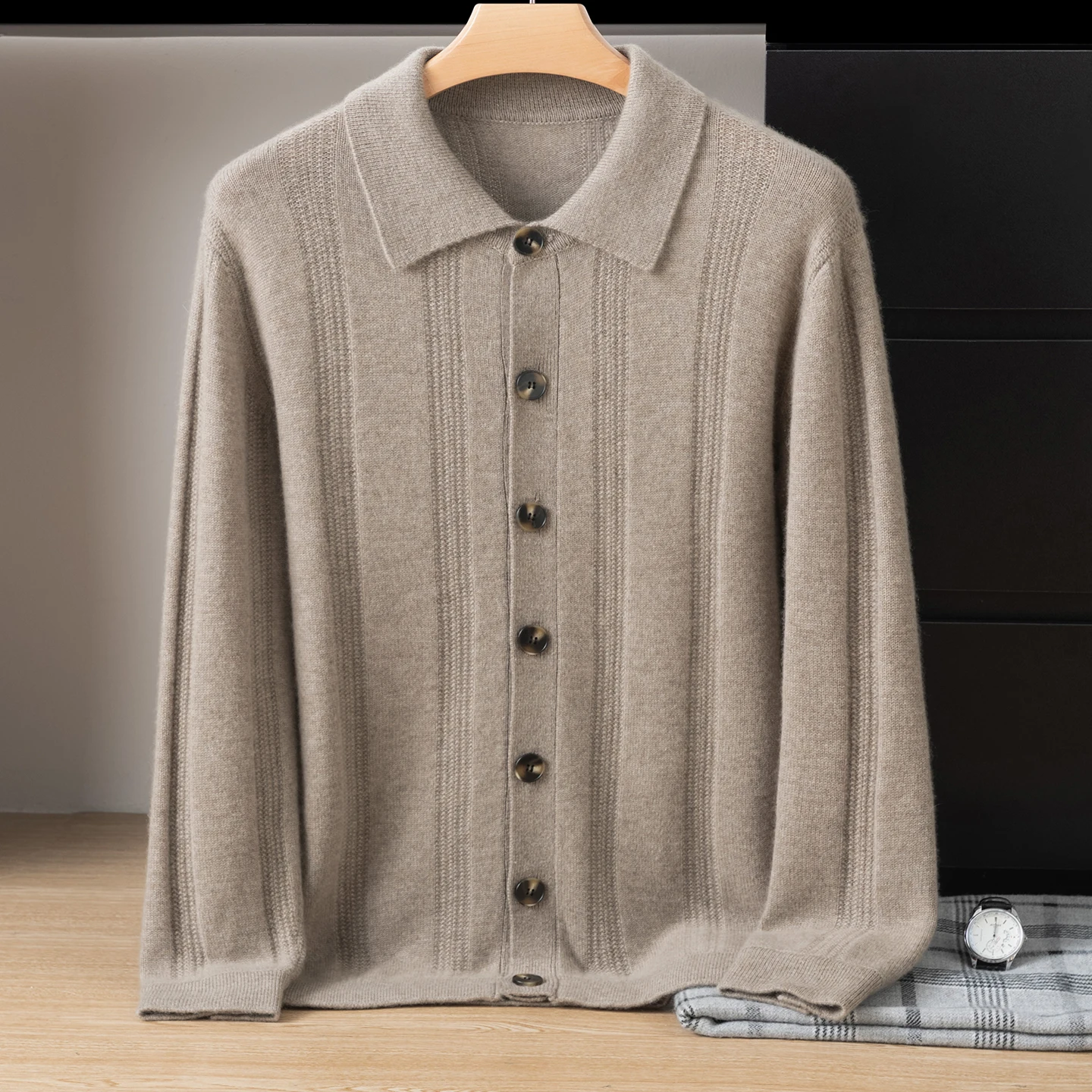 Men's Clothing Business Casual Outerwear 100% Pure Goat Cashmere Knitted Sweater Autumn Winter Thickened Button Cardigan Sweater