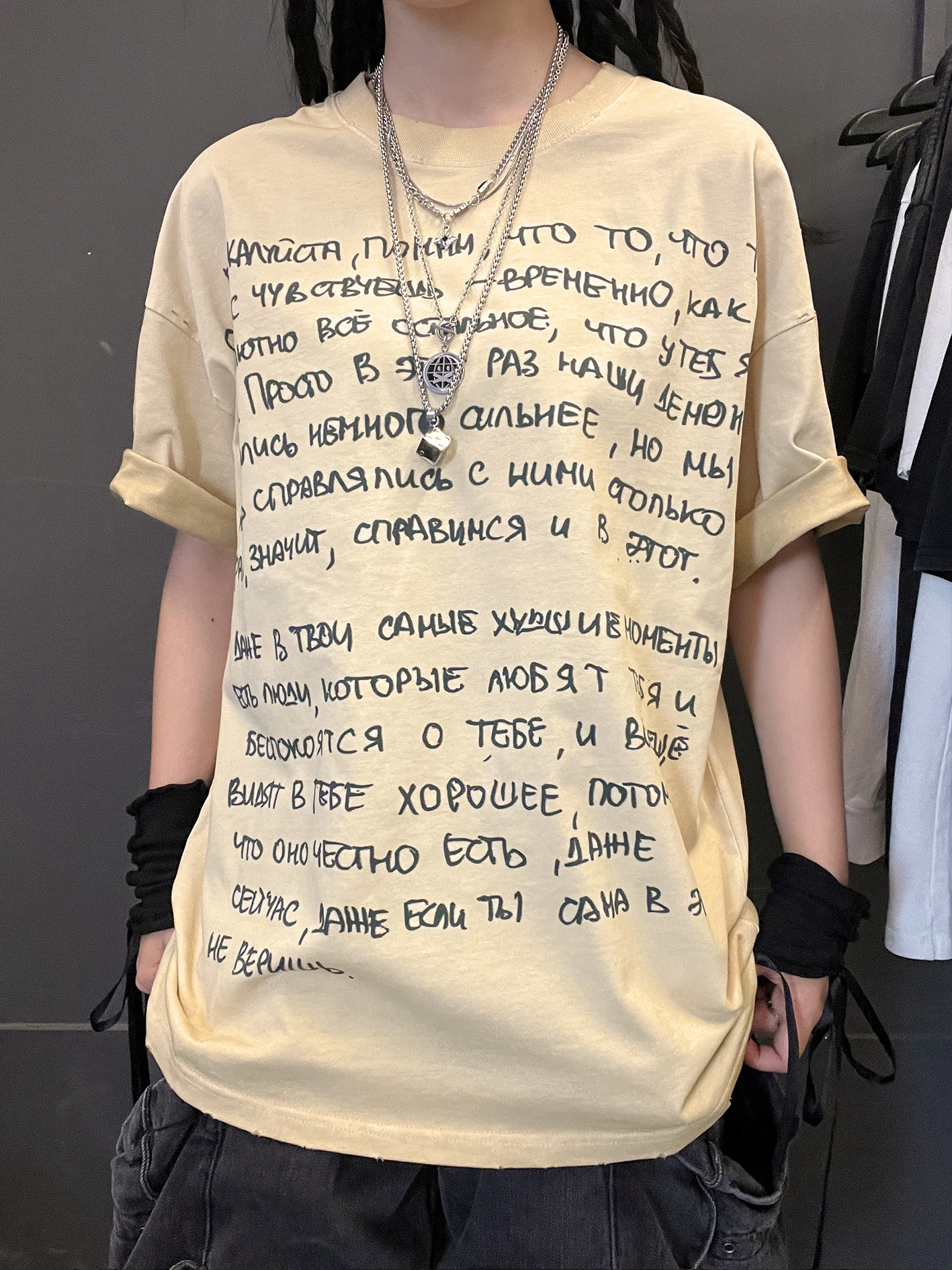 

Heavyweight 330G American Street Style Vintage Gradient Apricot Short Sleeve T-Shirt Casual Style Linen Horizontal Line Letter
