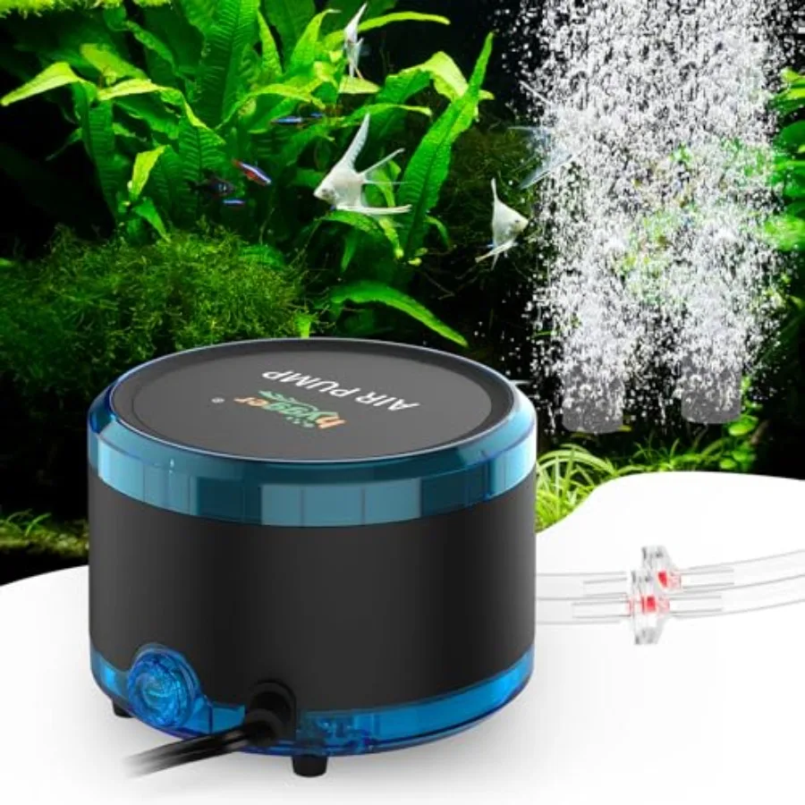 

Aquarium Air Pump Dual Outlet, Quiet Powerful Fish Tank Aerator 4W/8W, Adjustable Oxygen Pump with Air Stone, Bubbler for Fish