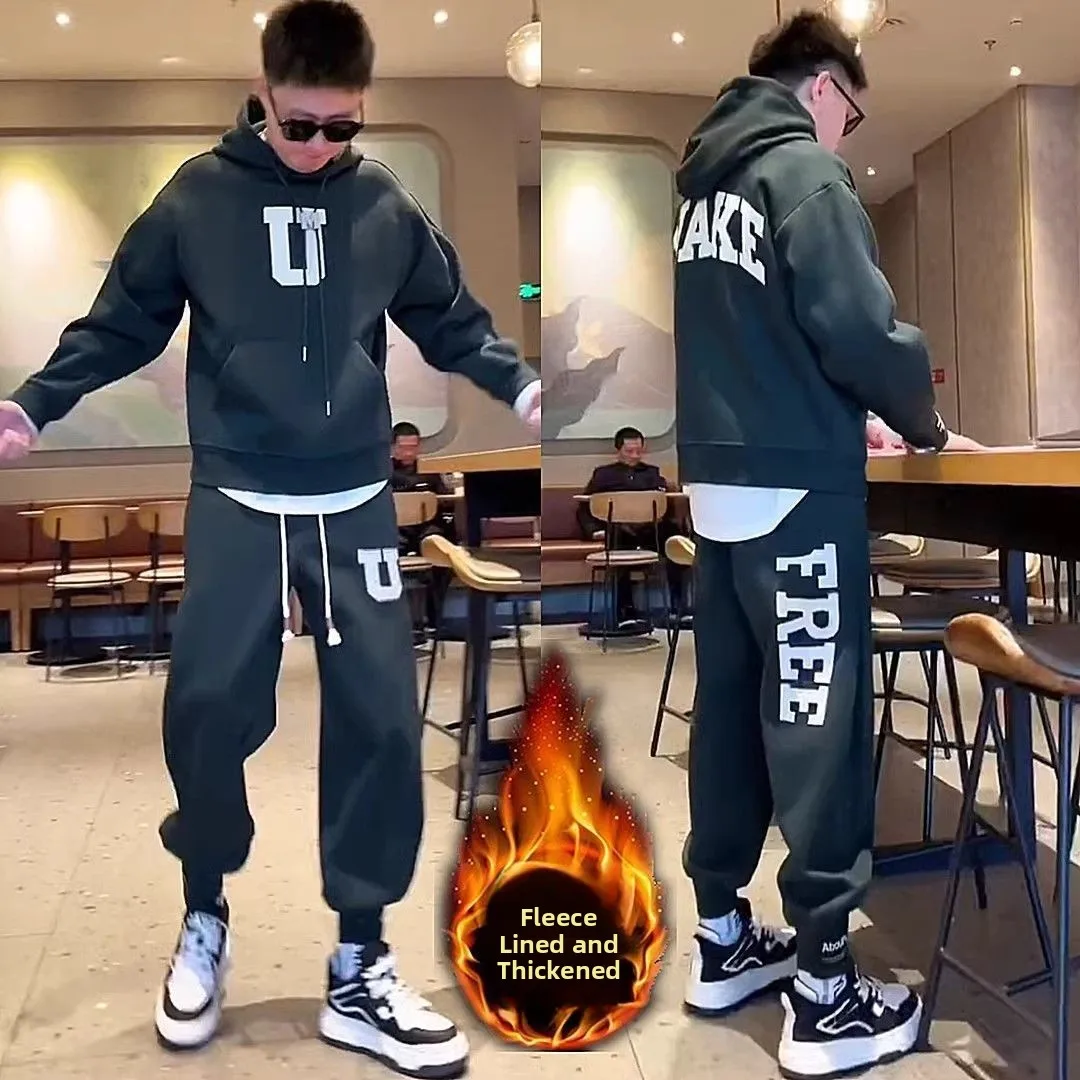 

Thiened Fce Autumn Winter Hooded Letter Print Casual Wear Loose Fit Two-Piece Set for Men Long Sve Long Pants Cotton