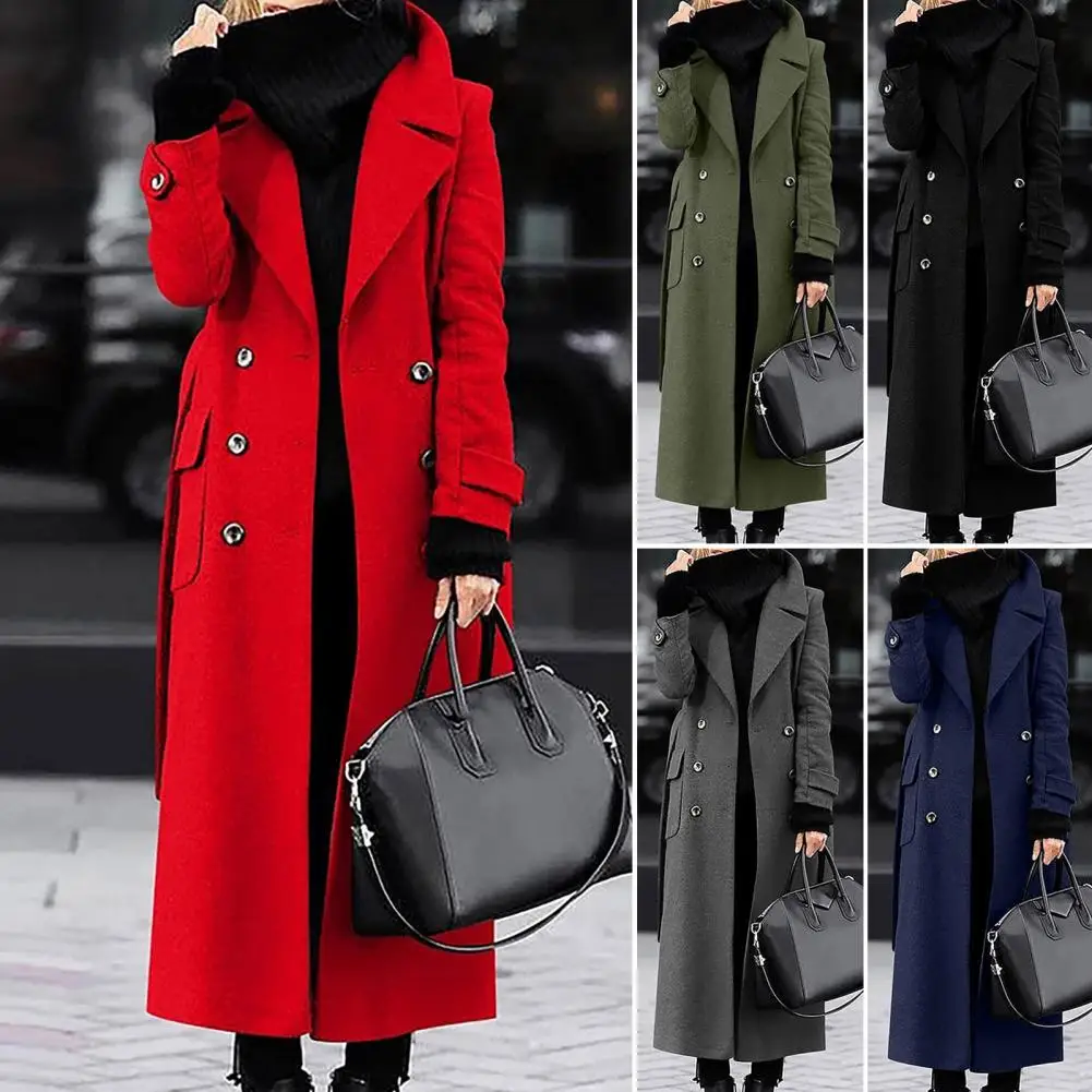 

Slim Fit Lapel Coat Long Double-breasted Coat Elegant Double-breasted Women's Overcoat with Turn-down Collar Mid-calf for Office