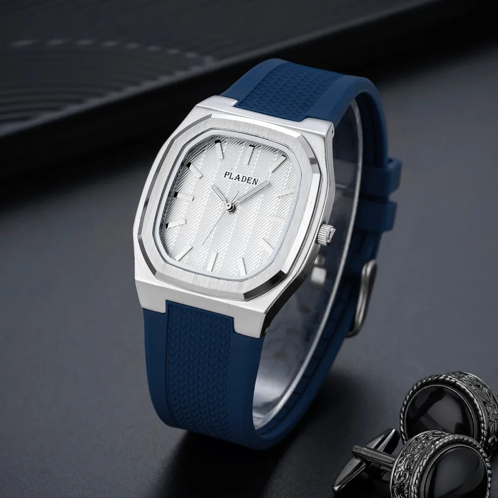 PLADEN Men Square Quartz Watch Blue Silicone Strap Minimalist Business Wristwatch Fashion Casual Male Daily Dress Watch Gift