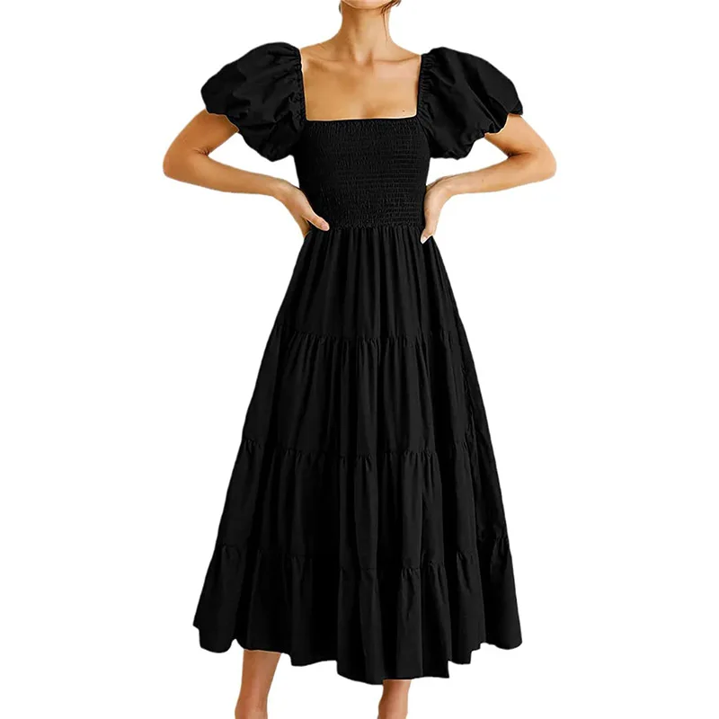Abito lungo da donna a maniche corte con sbuffo estivo, collo quadrato, smock, volant a strati, linea ad A, abiti da spiaggia lunghi e fluidi