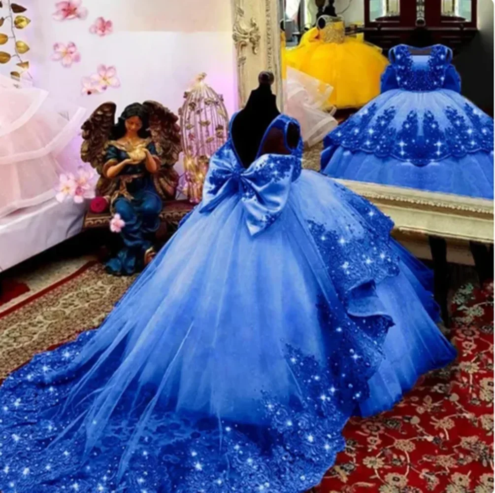 Vestido de niña de flores personalizado, primer vestido de Navidad, vestido de fiesta de boda, tren de cuentas de encaje verde menta, vestido de noche para niños فسات