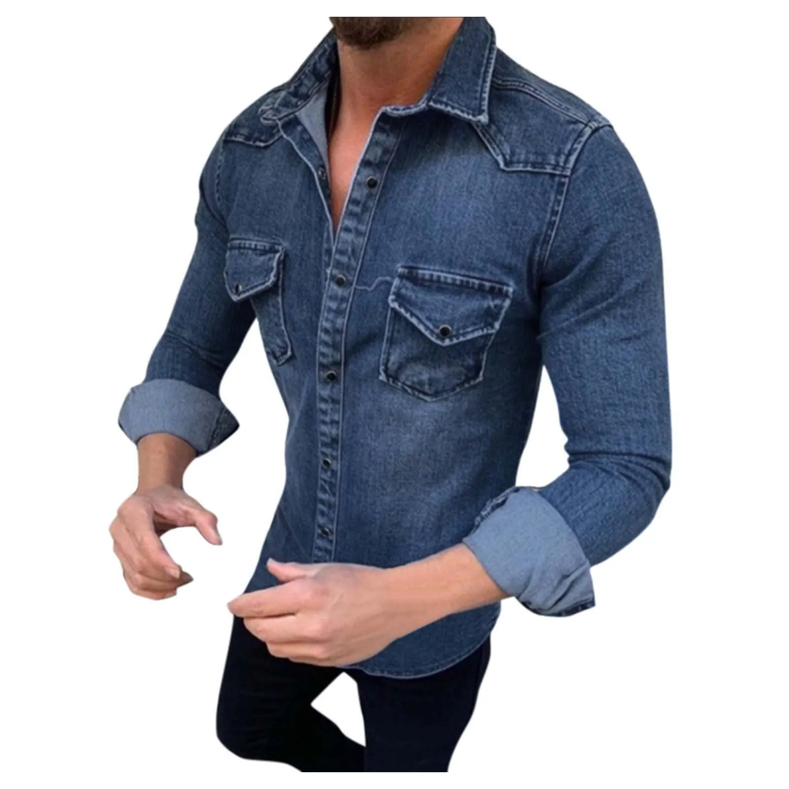 Men\'s Slim Fitting Denim Shirts Fashion Handsome Long Sleeve Jeans Jacket or Men Soft Solid Two Pockets Slim Elastic Shirts