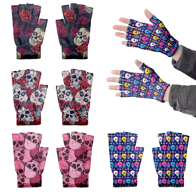 

1 Piece 3D Printed Adult Open Finger Gloves Hot Selling Skull Pattern Cool Fingerless Mittens Funny Skull Christmas Couple Glove