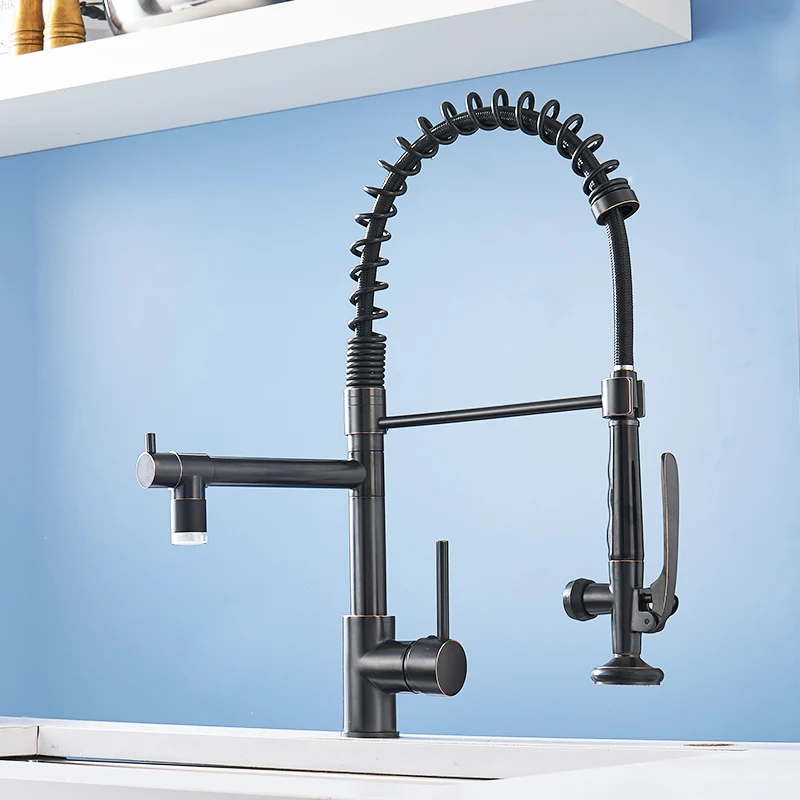 FLG:ORL512 오일 러브드 브론즈 메탈 1홀 360도 회전 스파우트 주방 믹서 탭 3색 LED 조명 포함