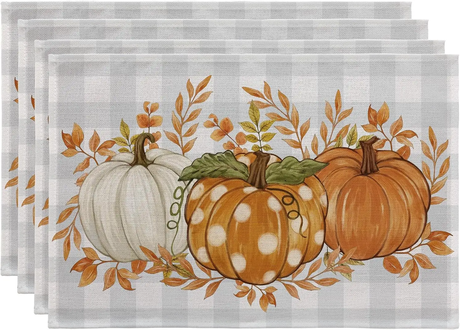 1PC Romanstile Fall Placemats Thanksgiving Autumn Harvest Pumpkin Buffalo Plaid Place Mats, Stain Resistant Wipeable Table