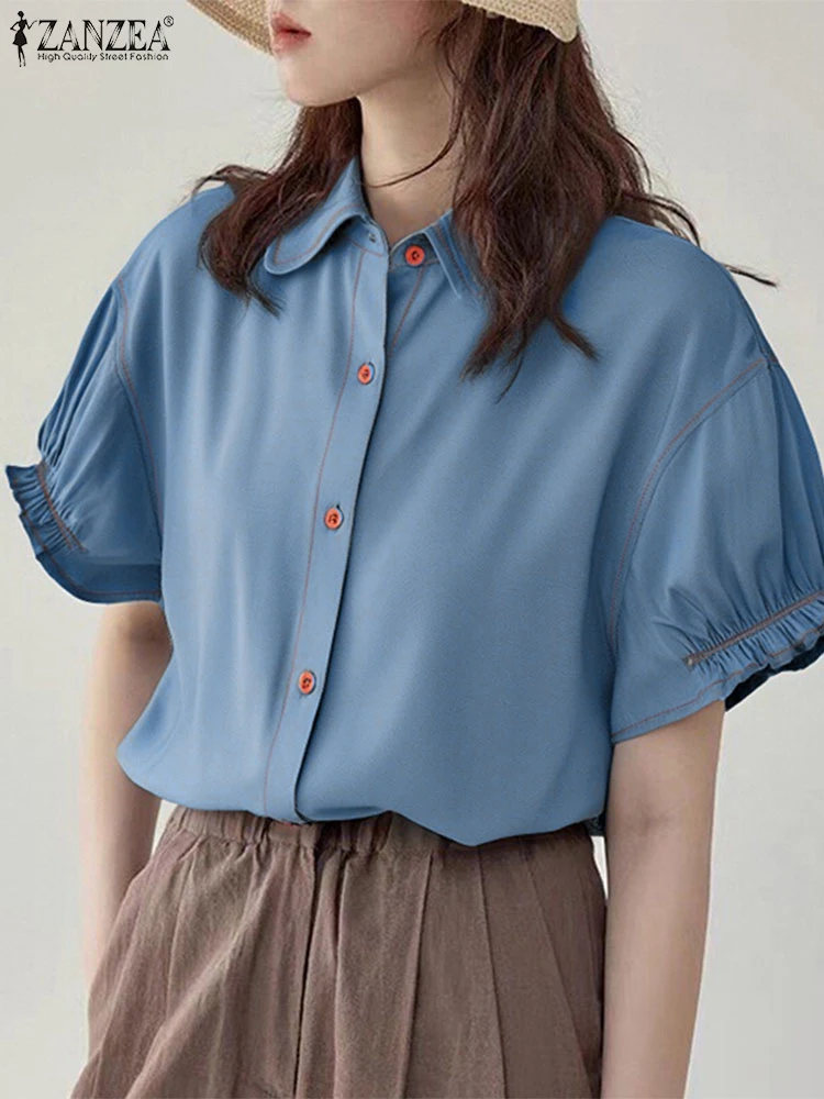

ZANZEA Women Shirts Summer Short Puff Sleeve Tops 2025 OL Work Denim Blusas Tunic Lapel Neck Casual Solid Color Blouse