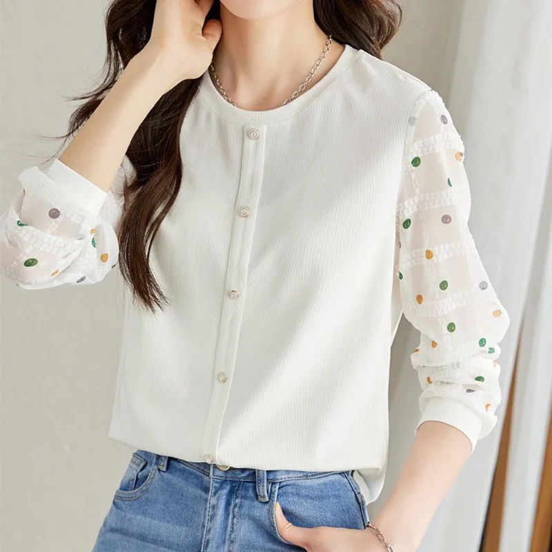 Office Lady Round Neck Wave Point Printing Single Breasted Blouse Autumn Fashion Patchwork Long Sleeve Cloud White Chic Shirt