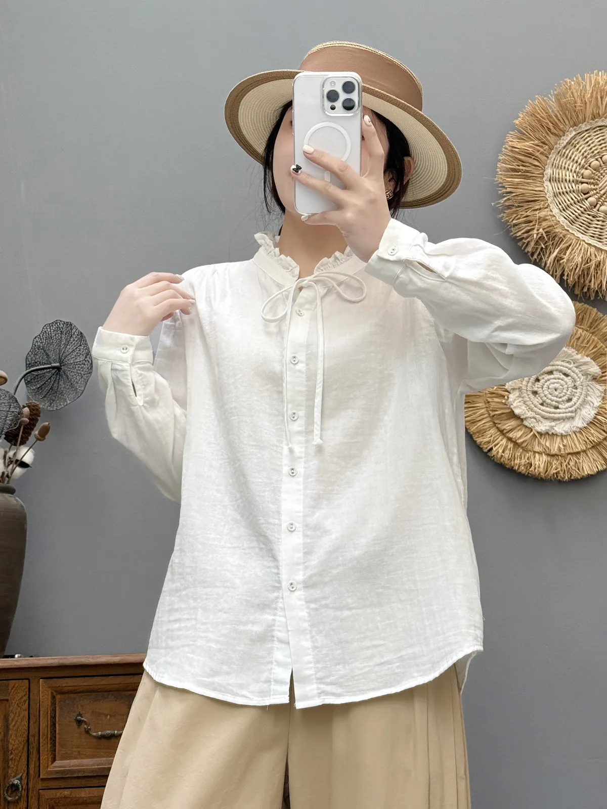 جديد 2025 قميص خريفي بأكمام طويلة من غزل القطن ، بلوزة نسائية فضفاضة مكشكشة برباط علوي ، بلوزة موري جيرل ناعمة OL متعددة الاستخدامات T57057CC