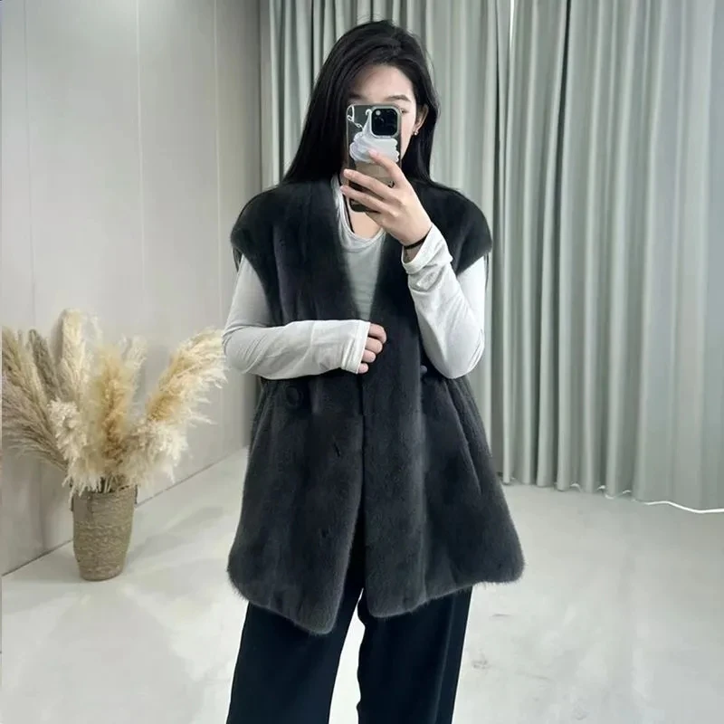 2025 Autumn Winter New imitation mink Vest Women's Medium long V-neck mink Waistcoat Lady Loose Cotton Thicken Sleeveless Coats
