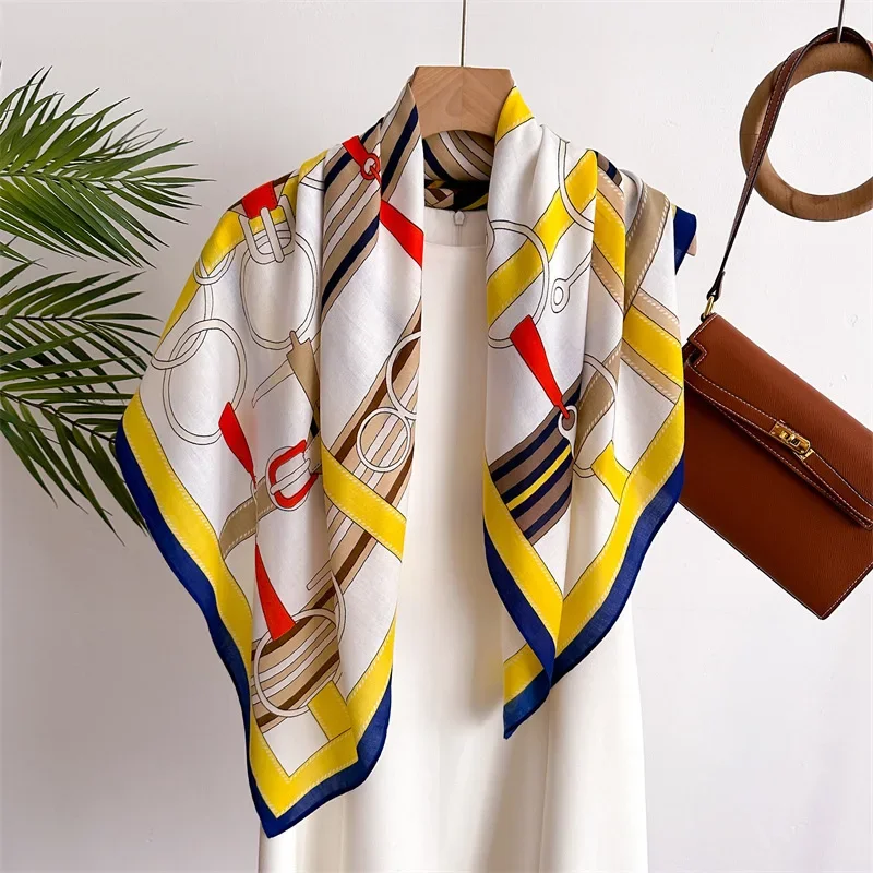 90*90 2024 New Fashion Light Luxury Silk Scarf Women Twill Simple Square Scarves Ladies Sunscreen Shawl Headscarf All Seasons image 5