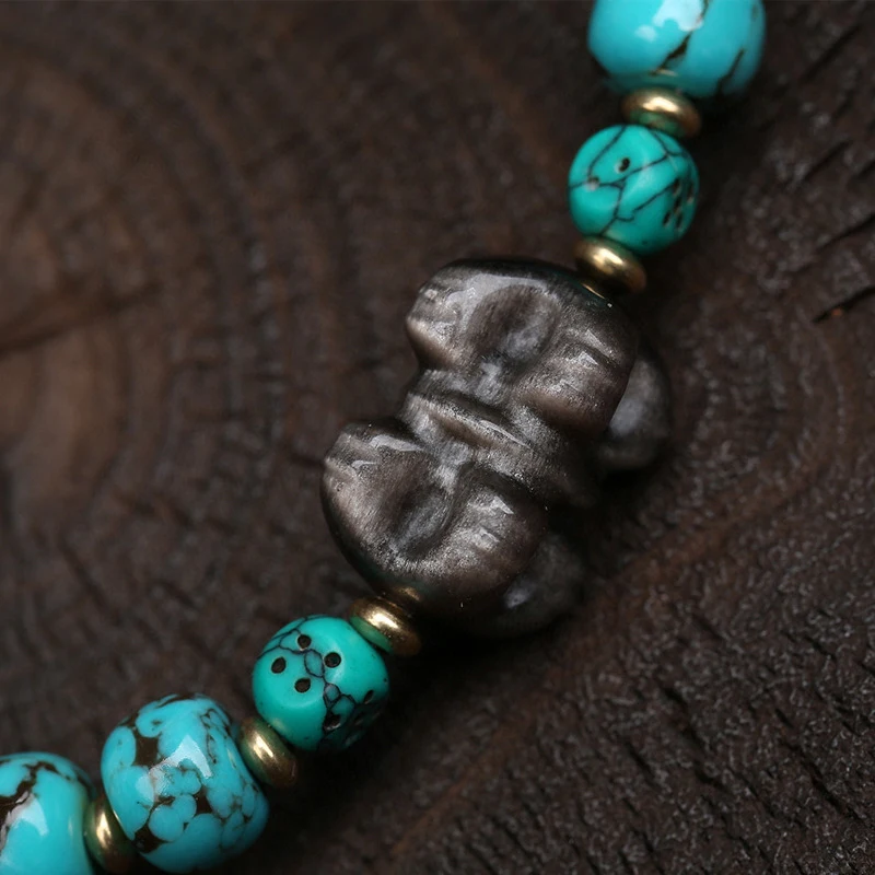 Natural raw ore second-generation turquoise bracelet with obsidian pestle and agate carved gourd accessories, Buddhist prayer be