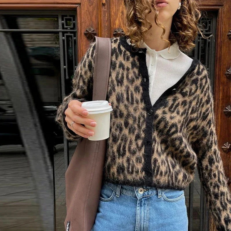 Vintage Leopard Print Knitted Mohair Cardigans Women O Neck Single Breasted Short Sweater 2024 Autumn New Lady Casual Streetwear