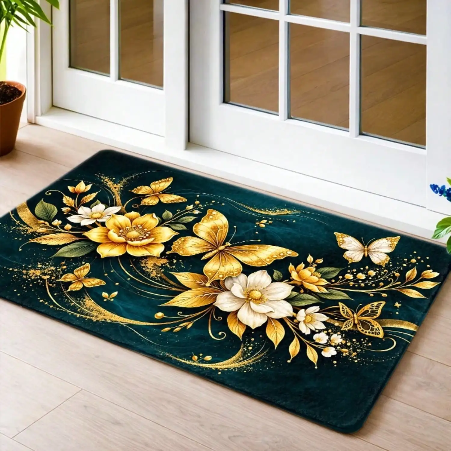 Luxury Golden Butterfly Floral Flannel Doormat Available In 1pc, Options, Featuring A Non-Slip Rubber Backing That Is Durable, And Machine-Washable. This