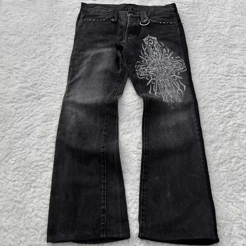 HOUZHOU Vintage Cross Print Women Flared Jeans Y2k Harajuku Wide Leg American Style Denim Pants Gothic Baggy Punk Streetwear