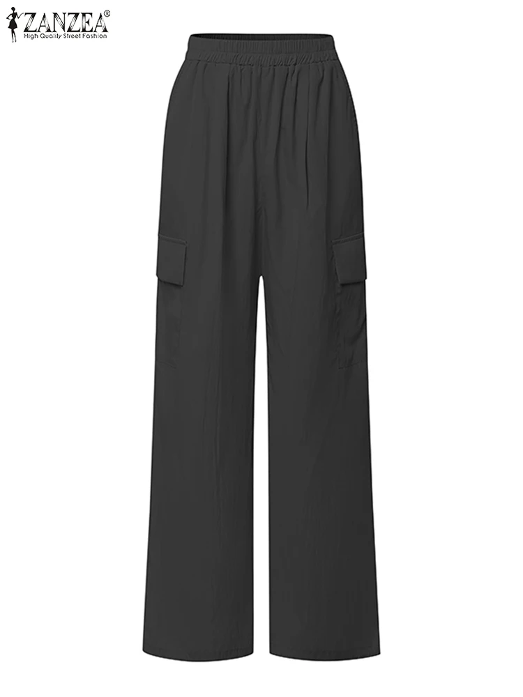 Spodnie damskie ZANZEA, modne, wakacyjne, jednolite, długie, oversize, koreańskie, z kieszeniami, letnie, proste spodnie.