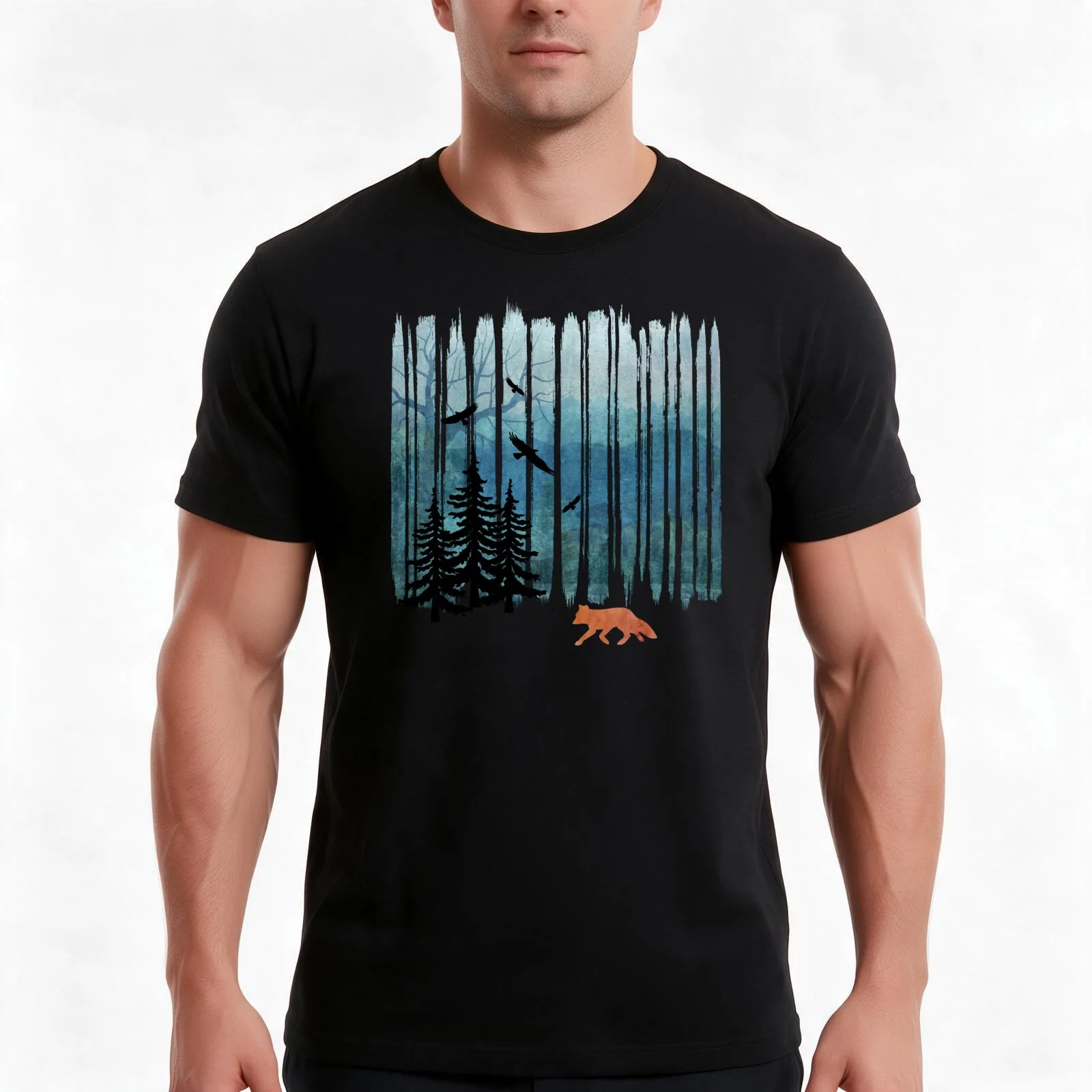 Misty Forest Fox - Brush Strokes T-Shirt, Summer Casual Cotton Tee, Oversized Streetwear Tops, Vintage Graphic Print
