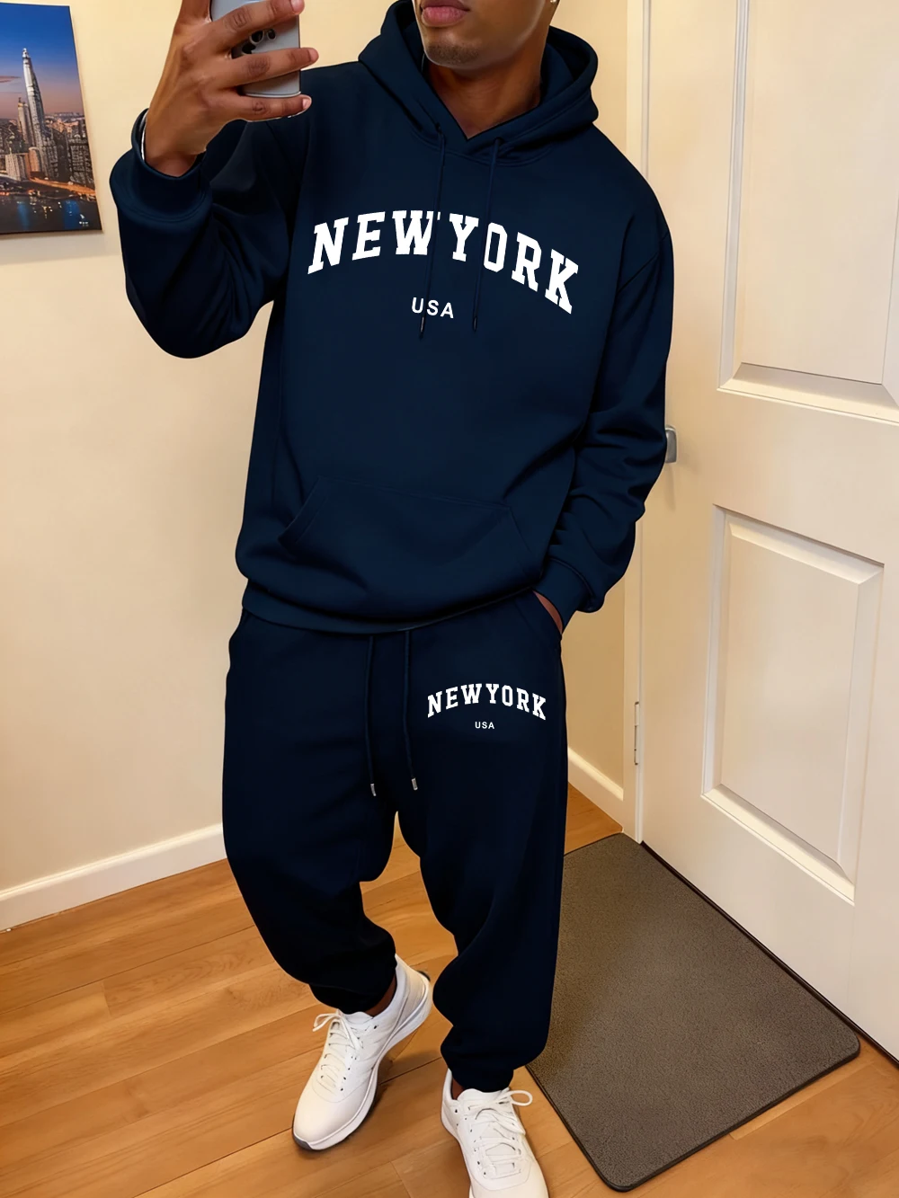 2 قطعة مجموعة هوديي الرجال نيويورك الولايات المتحدة الأمريكية رسالة مطبوعة Sweatpants جيب غير رسمي فضفاض مقنعين بنطال رياضي الشتاء الصوف الملابس الدافئة #1