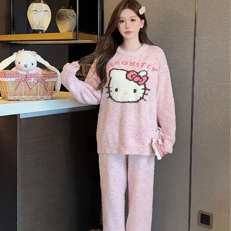 

2pcs Hello Kitty Cute Anime Pajamas Women Winter Sweet Girl Style Set Fashion Kawaii Home Clothes Women Accessories Wholesale