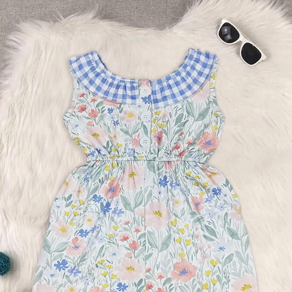 Baby Girls Blue Flowers Checkered Shorts Jumpsuits