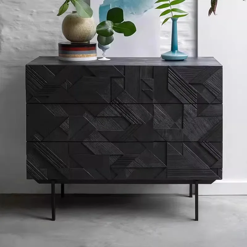 

Nordic solid wood three-bucket cabinet medieval locker small apartment retro carved living room designer dining side cabinet