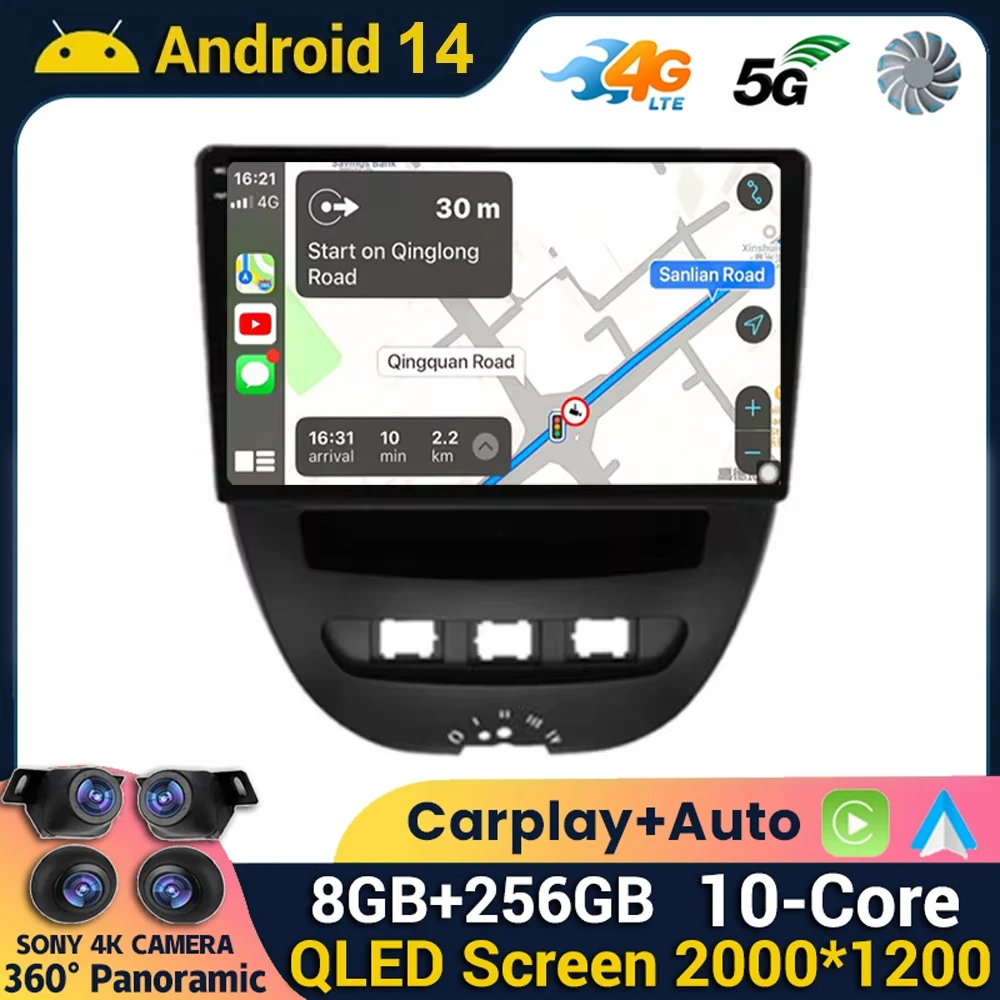 Android 14 Car Radio Multimedia Player For Peugeot 107 Toyota Aygo Citroen C1 2005-2014 Head Unit Stereo GPS Navigation 4G+WIFI