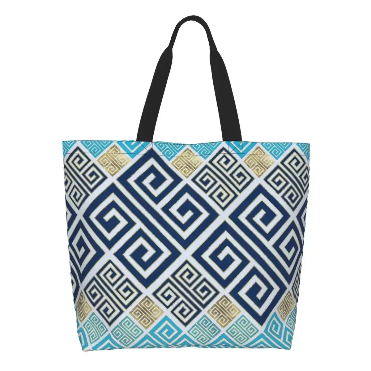 

Meander Pattern Grocery Shopping Bag Canvas Shopper Shoulder Tote Bags Large Capacity Washable Greek Key Ornament Handbag