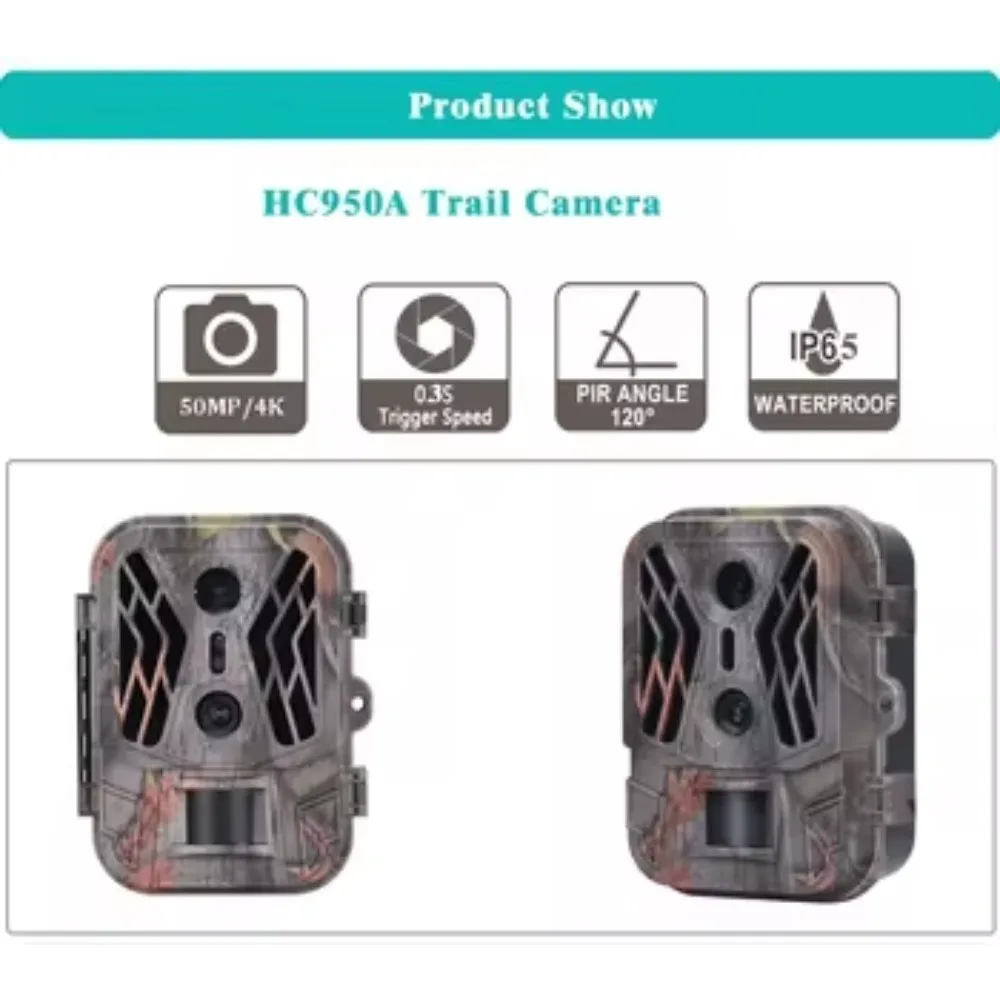 Suntekcam 50MP 4K Waterproof Hunting Camera with Basic Night Vision Solar Support CMOS Sensor SD Card Memory HC-950A