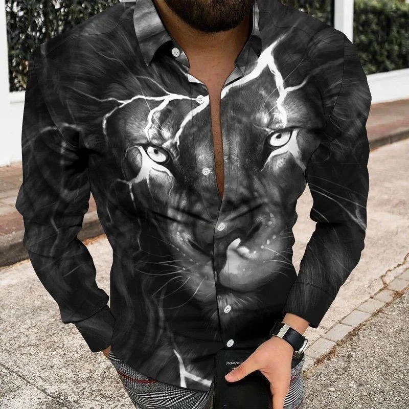 Men's Personalized Poker Print Patchwork Shirt, Outdoor Street Style Casual Fashion Long-Sleeved Lapel Shirt, Trendy Men's Top