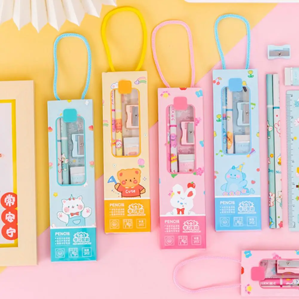 5Pcs Pencil Set Cartoon Rabbit Ruler Pencil Sharpener Eraser Pencil Stationery Kit School Student Study Writing Pencils Set