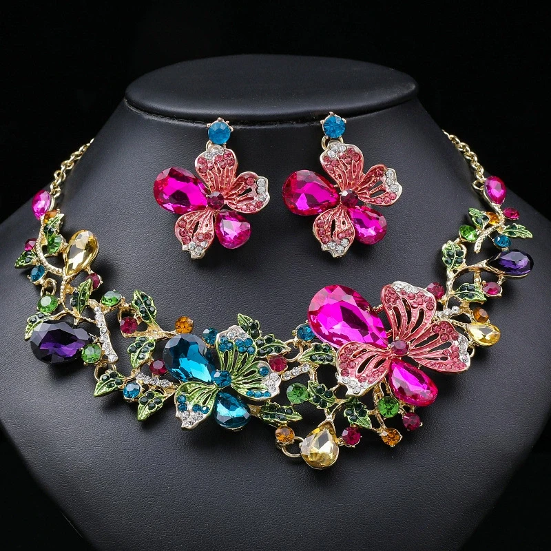 

Wedding Jewelry Sets for Women Brides Banquet Party Accessories Gift Luxury Rainbow Crystal Flower Earrings and Necklace