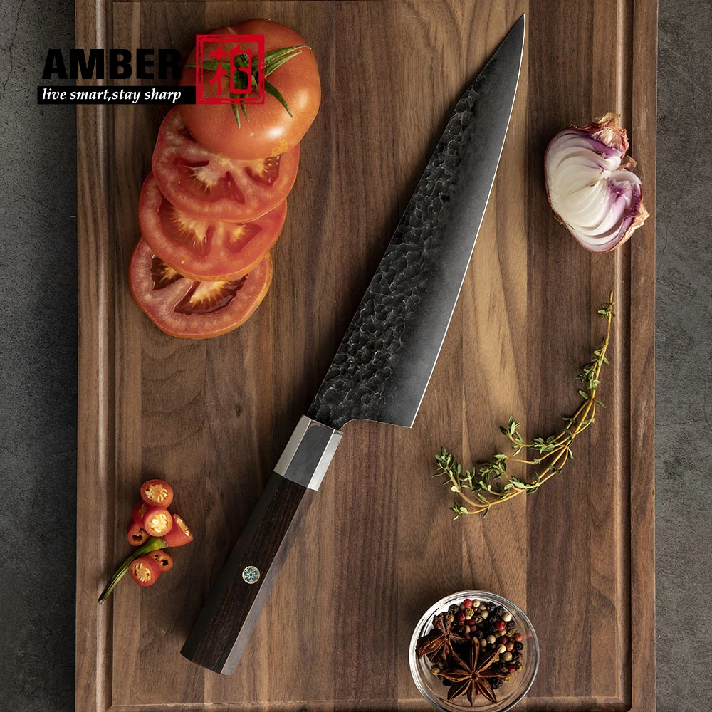 Amber Top Quality 440C high carbon steel black finish kitchen knife set with stablized wood