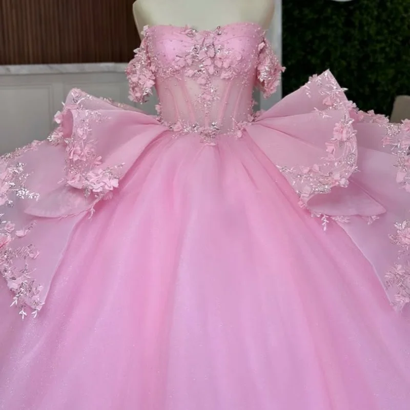 

Pink Off Shoulder Quinceanera Dress Lace sequin 3D flower applique crystal Tull layering vestidos de 15 Quinceanera ﻿Customized