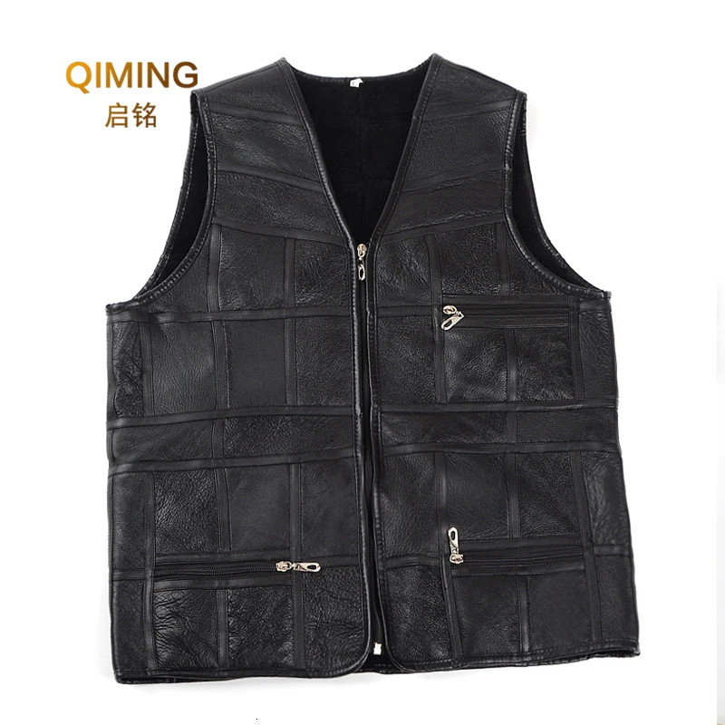 Genuine Leather Vest Men Winter Wool Liner Thick Plus Size Clothing Motorbike Sheepskin Waistcoat Vests Man Motorcycle Jacket