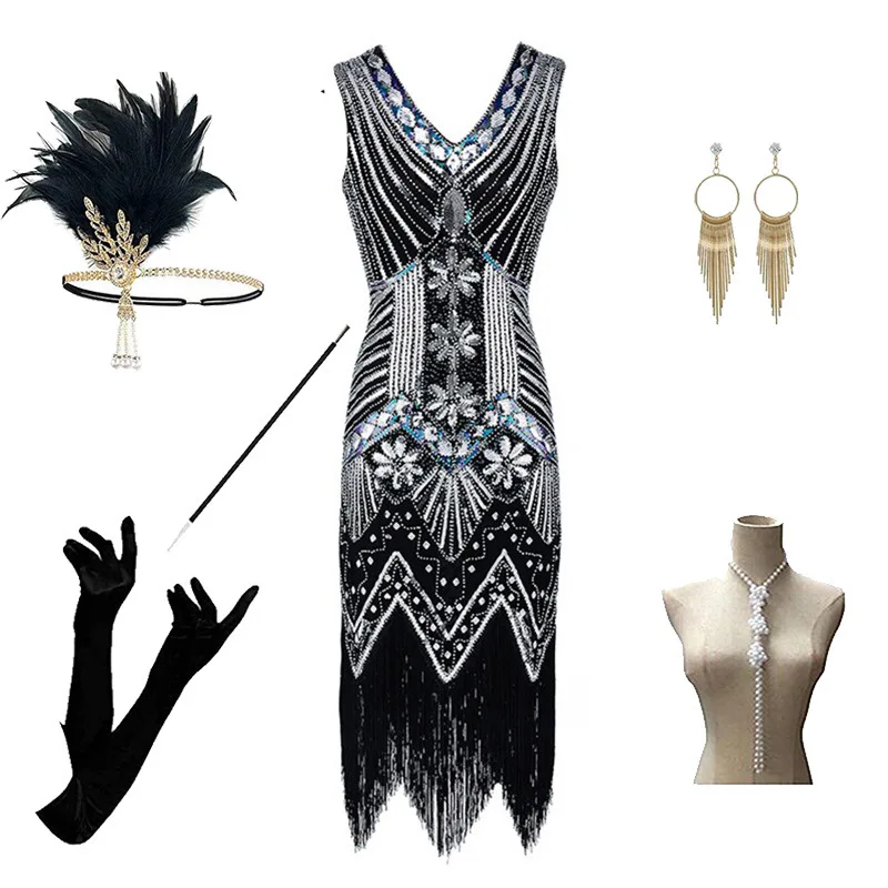 ชุดราตรีสไตล์เรโทรประดับลูกปัดและเลื่อมวิบวับ พร้อมกระโปรงยาวสำหรับงานเลี้ยงและงานเฉลิมฉลอง