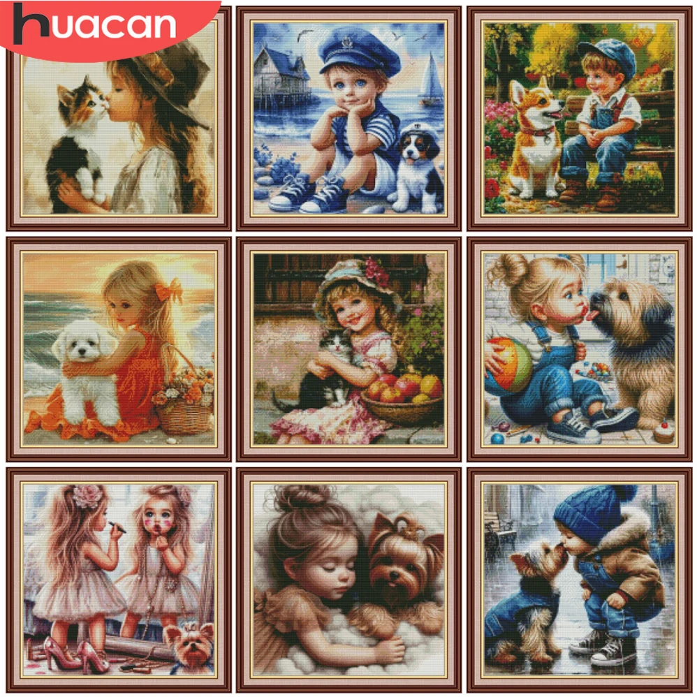 HUACAN – ensemble de broderie 11CT, Kit complet de point de croix, portrait de fille, loisirs créatifs, travaux d'aiguille, artisanat pour adultes, peintures décoratives