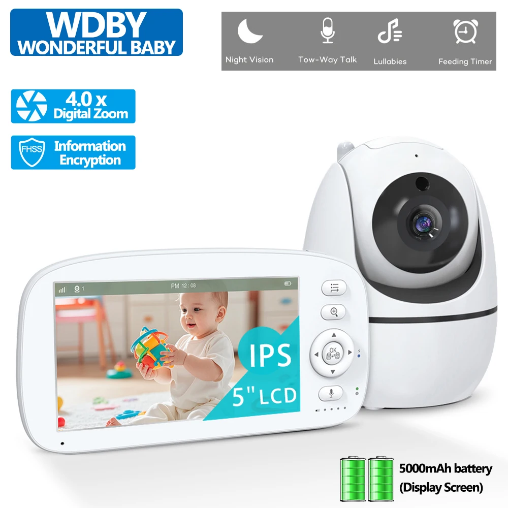 New 5 Inch Video Baby Monitor with Camera and Audio 4X Zoom 5000Mah Battery 1000ft Range 2-Way Temperature Lullaby Night Vision